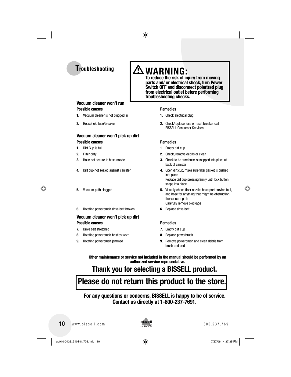 Warning, Please do not return this product to the store, Roubleshooting | Bissell 3108 User Manual | Page 10 / 12