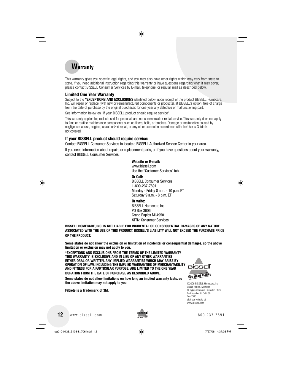 Arranty | Bissell 3108 User Manual | Page 12 / 12