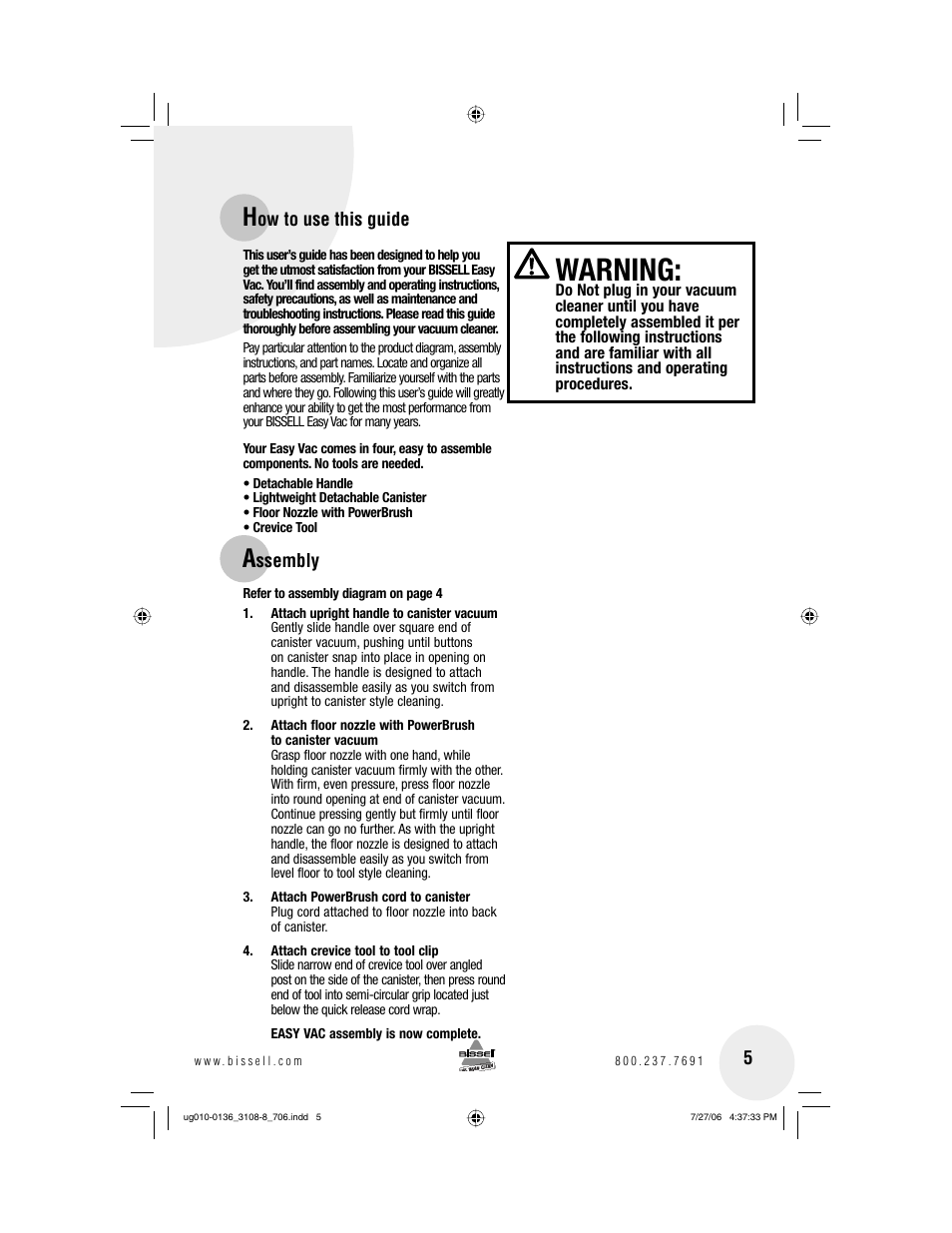 Warning | Bissell 3108 User Manual | Page 5 / 12