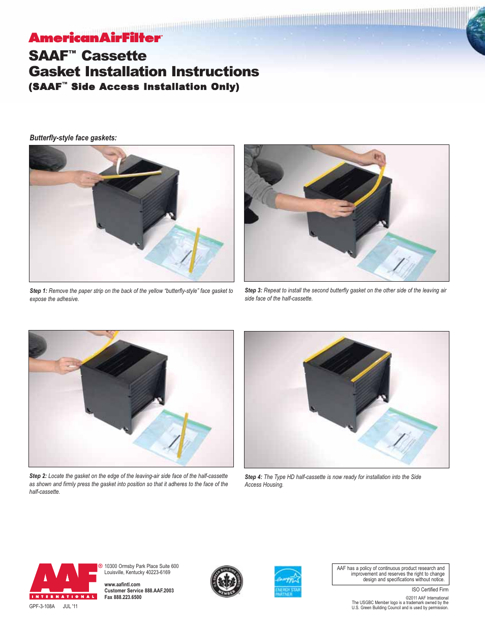 Saaf, Cassette gasket installation instructions, Side access installation only) | AAF International SAAF Cassette User Manual | Page 2 / 2