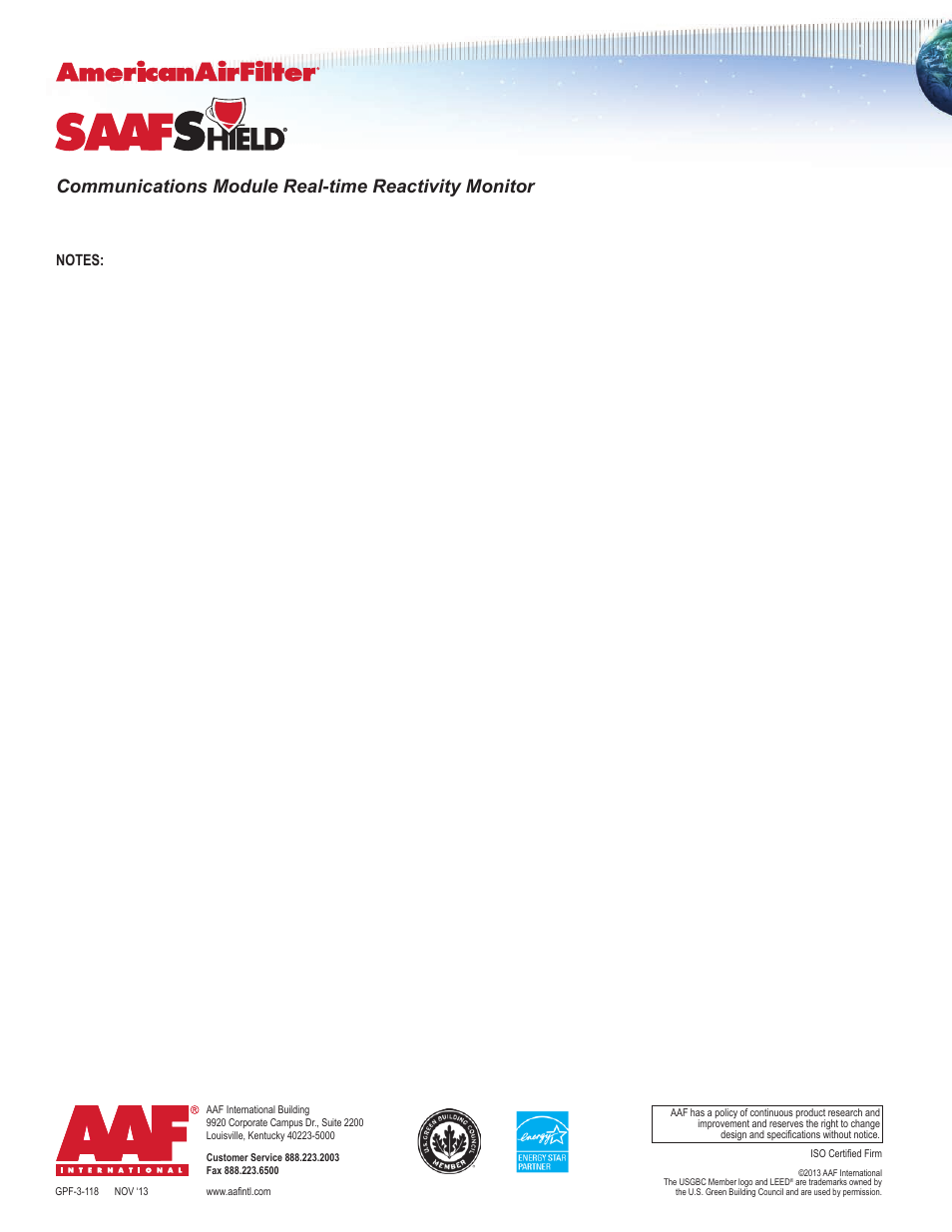 Better air is our business, Communications module real-time reactivity monitor | AAF International Shield Communications Module User Manual | Page 8 / 8