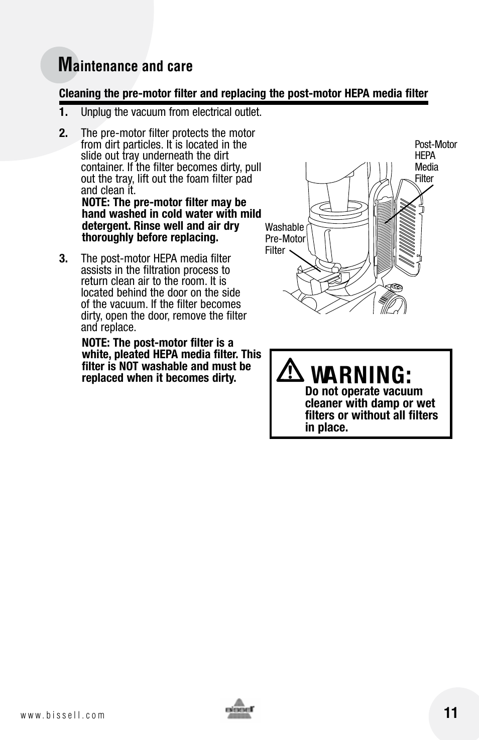 Warning | Bissell 3 9 5 0 User Manual | Page 11 / 20