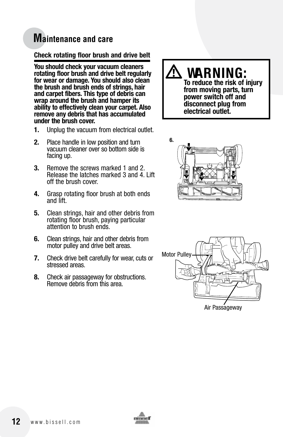 Warning, Aintenance and care 12 | Bissell 3 9 5 0 User Manual | Page 12 / 20