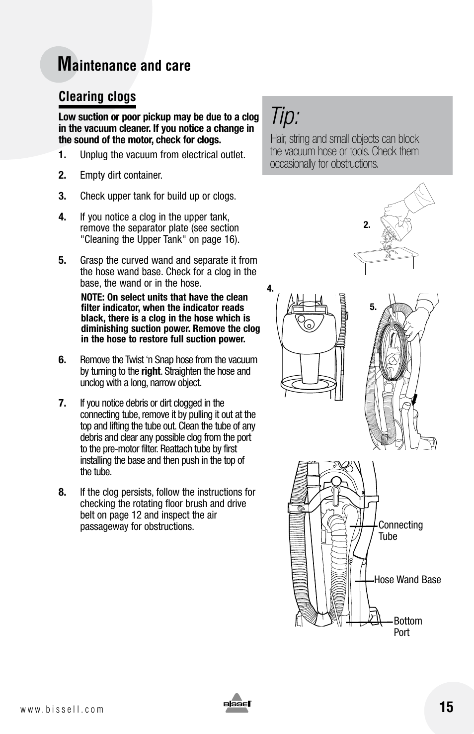 Aintenance and care, Clearing clogs | Bissell 3 9 5 0 User Manual | Page 15 / 20