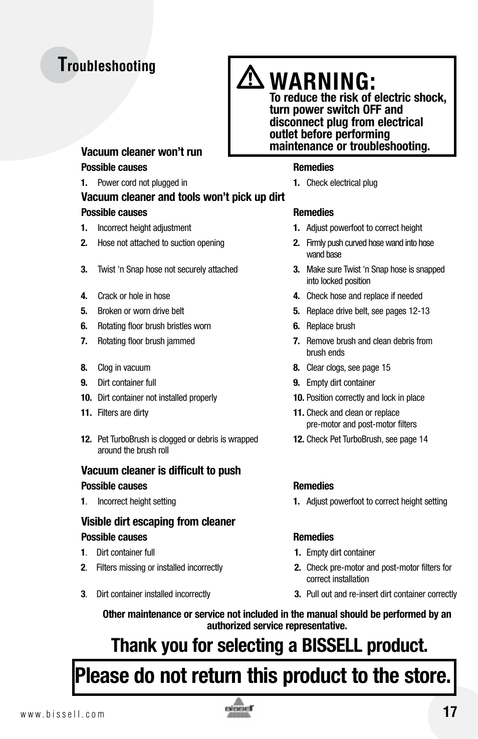 Warning, Please do not return this product to the store, Roubleshooting | Bissell 3 9 5 0 User Manual | Page 17 / 20