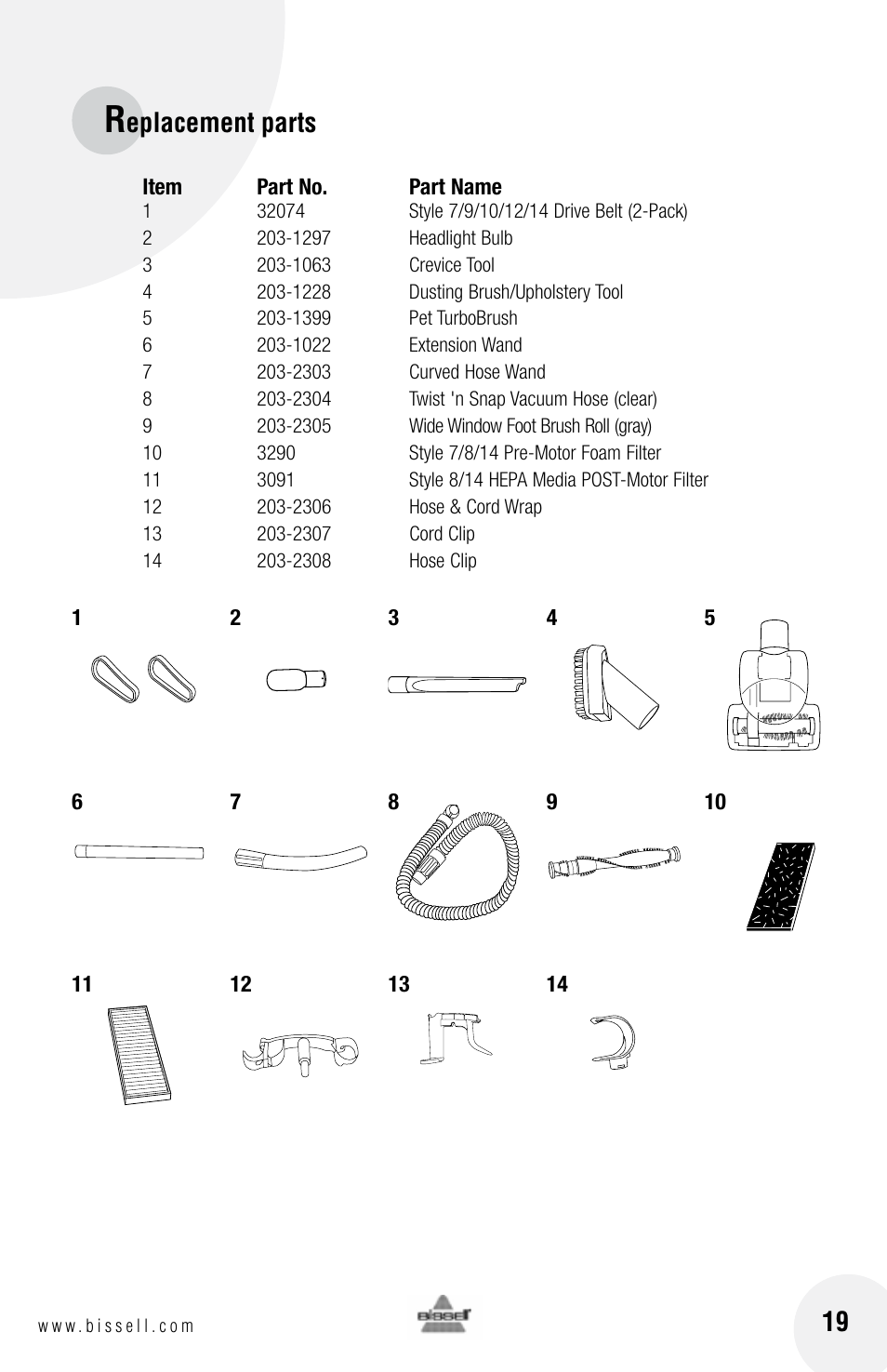 Eplacement parts | Bissell 3 9 5 0 User Manual | Page 19 / 20