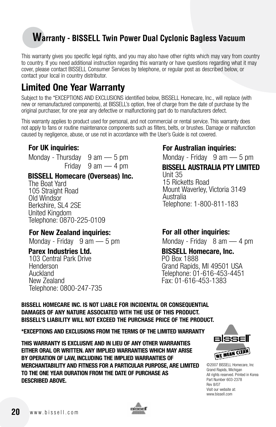 Limited one year warranty | Bissell 3 9 5 0 User Manual | Page 20 / 20