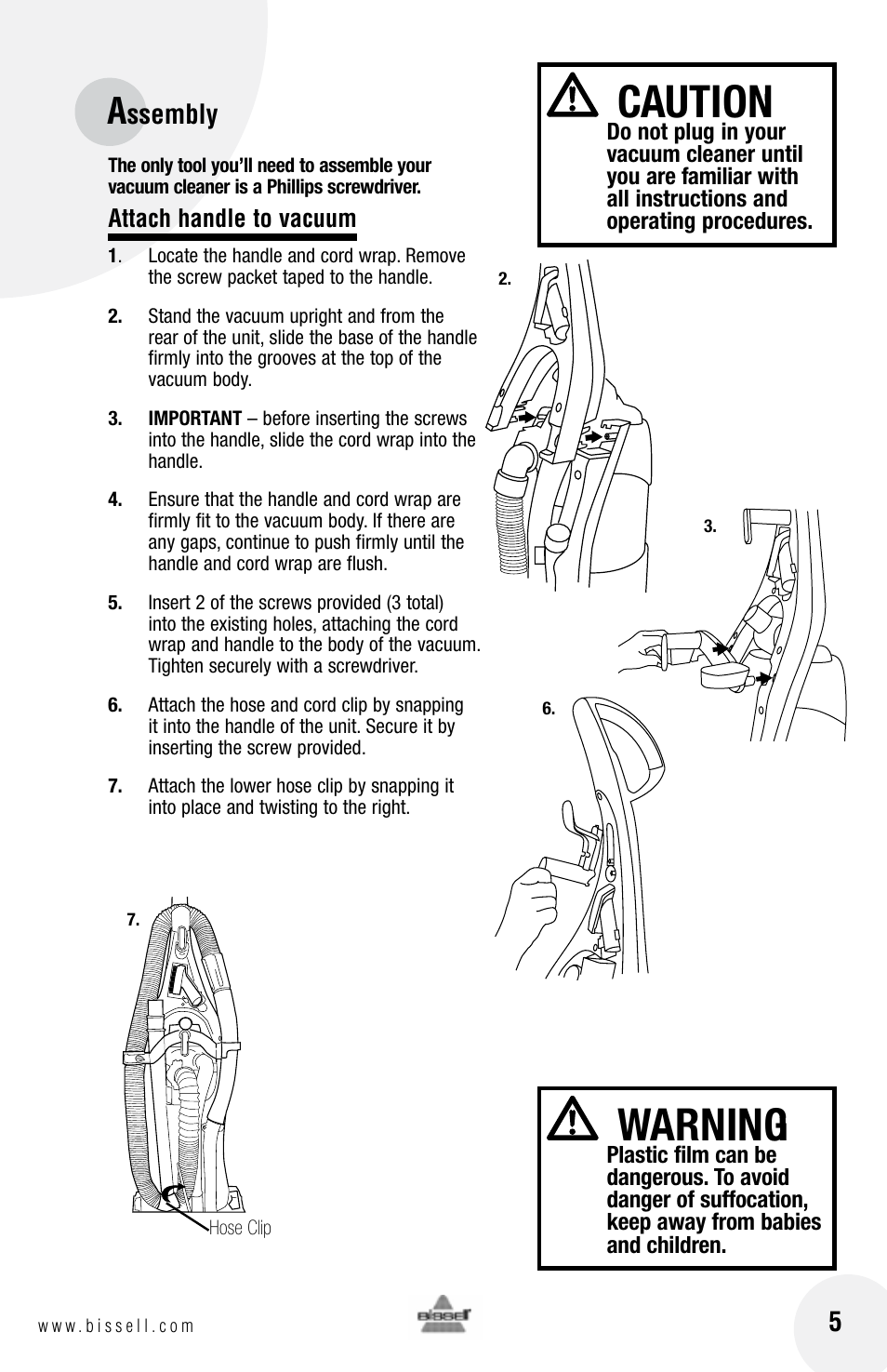 Caution, Warning, Ssembly | Bissell 3 9 5 0 User Manual | Page 5 / 20