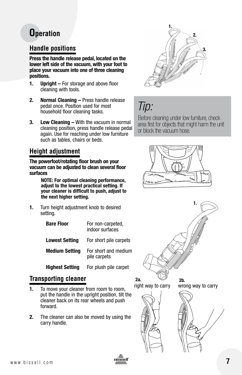 Peration 7, Handle positions, Height adjustment | Transporting cleaner | Bissell 3 9 5 0 User Manual | Page 7 / 20