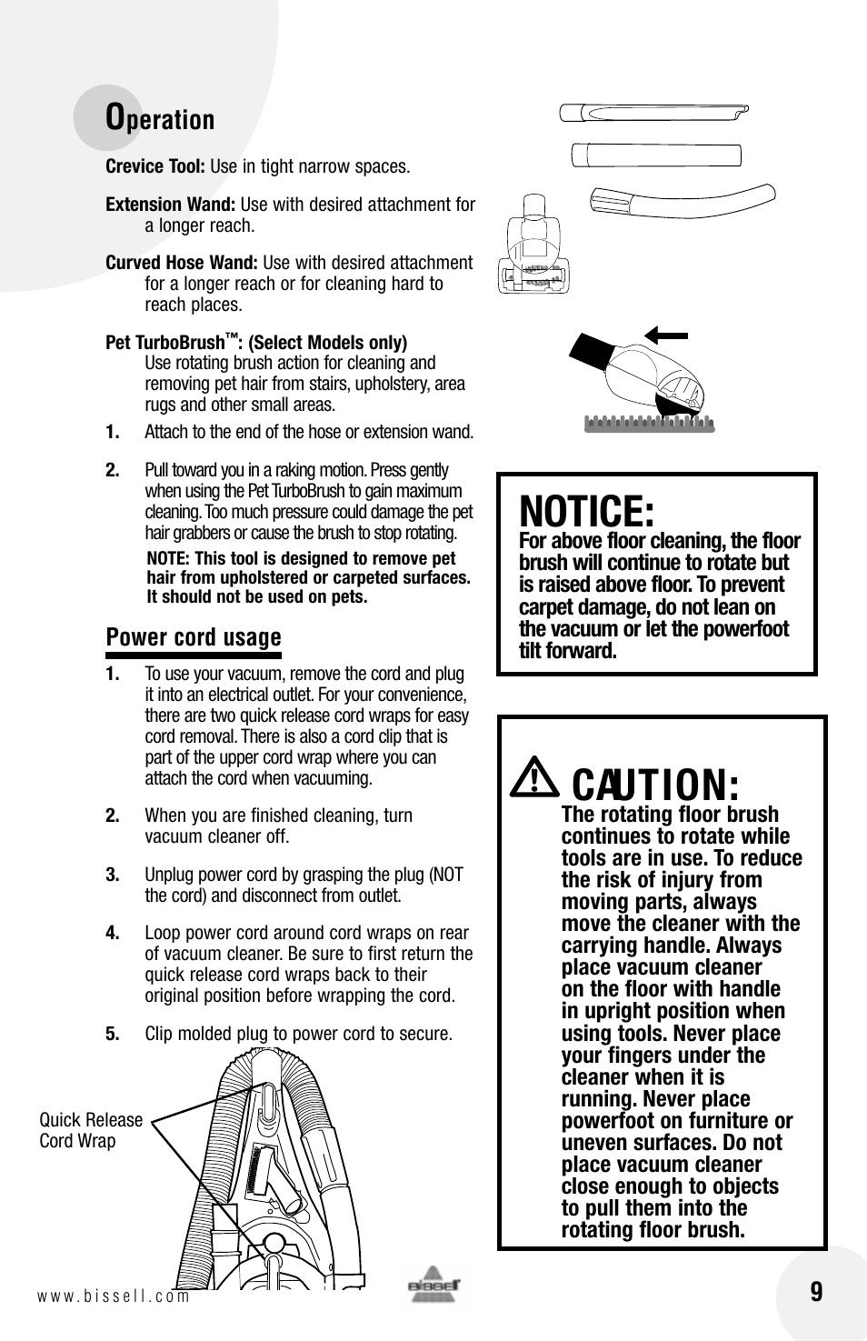 Notice, Caution, Peration 9 | Bissell 3 9 5 0 User Manual | Page 9 / 20