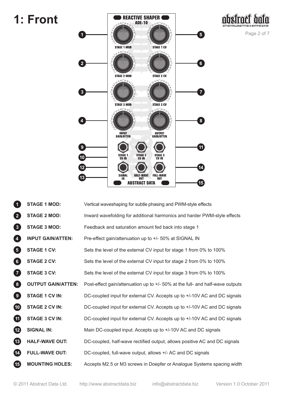 Front | Abstract Data ADE-10 User Manual | Page 2 / 7