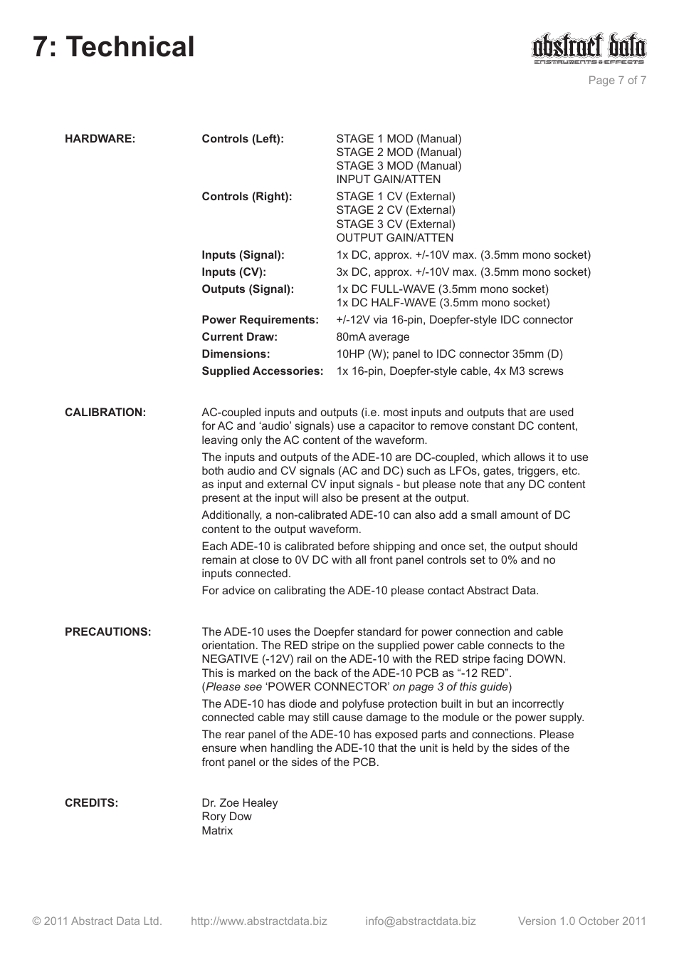 Technical | Abstract Data ADE-10 User Manual | Page 7 / 7