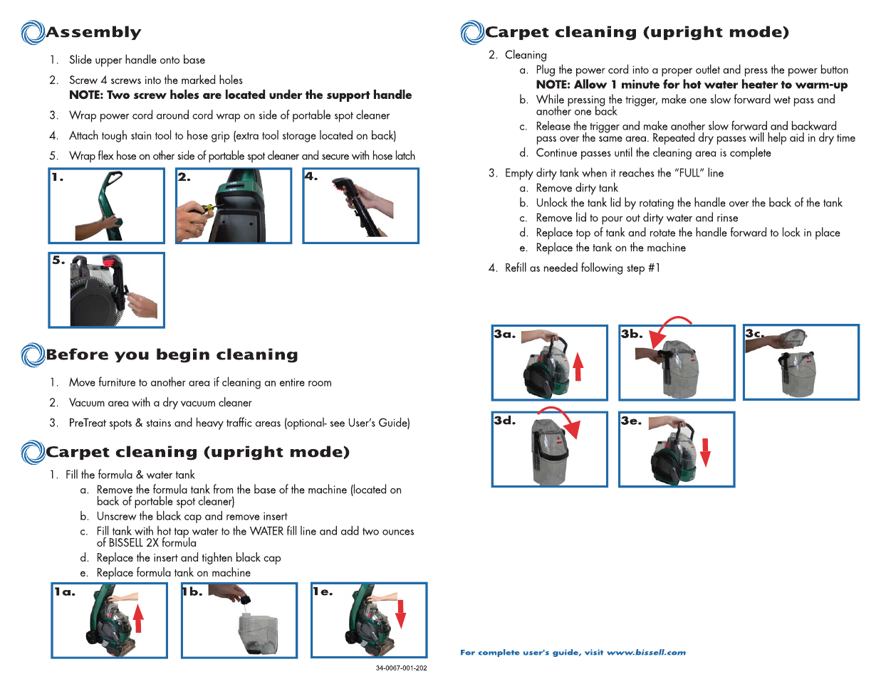 I^before you begin cleaning, I^carpet cleaning (upright mode), Icarpet cleaning (upright mode) | Bissell Lift-Off Dep Cleaner 94Y2 User Manual | Page 2 / 2