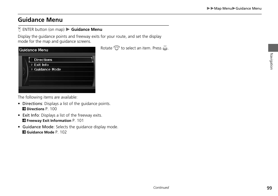 Guidance menu, 2 guidance menu, P. 99 | Acura 2015 ILX - Navigation Manual User Manual | Page 100 / 258