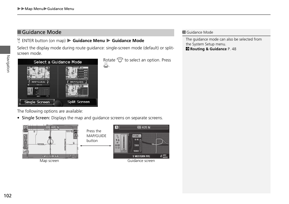 P102), 2 guidance mode, P. 102 | 2 guidance mode p. 102, Guidance mode | Acura 2015 ILX - Navigation Manual User Manual | Page 103 / 258