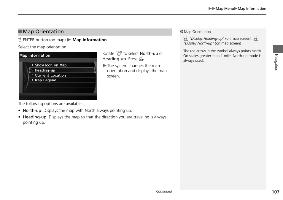 P107), 2 map orientation, P. 107 | Map orientation | Acura 2015 ILX - Navigation Manual User Manual | Page 108 / 258