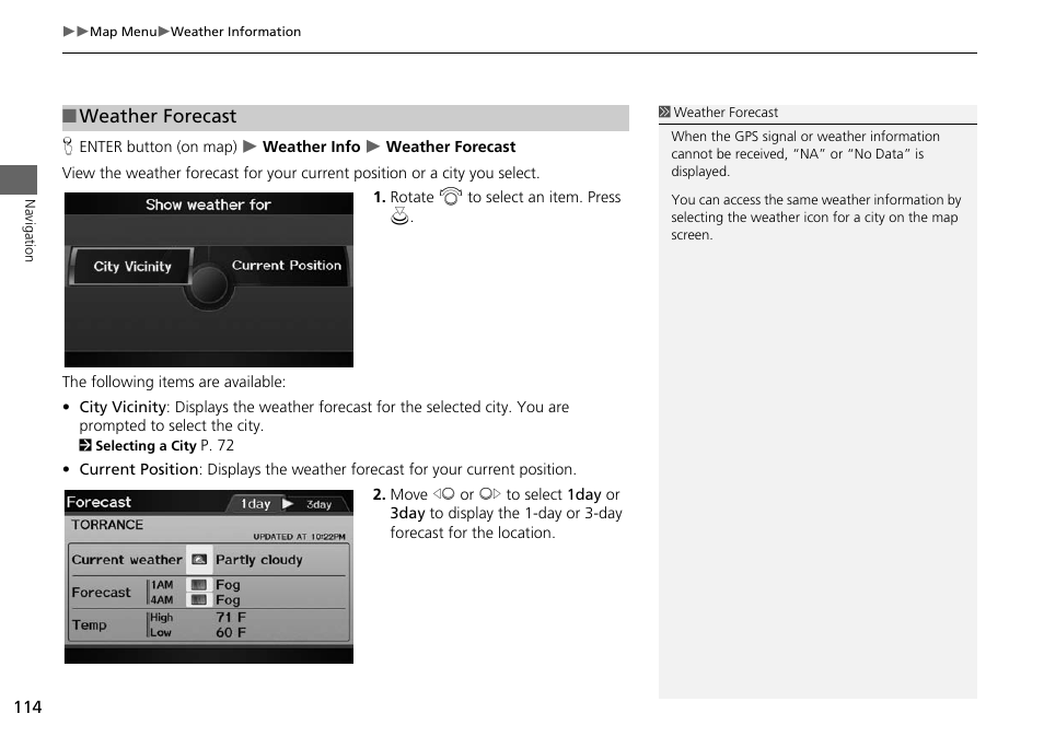 2 weather forecast, P. 114 | Acura 2015 ILX - Navigation Manual User Manual | Page 115 / 258