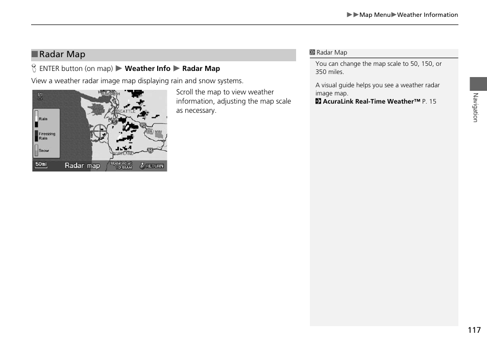 2 radar map, P. 117, Radar map | Acura 2015 ILX - Navigation Manual User Manual | Page 118 / 258