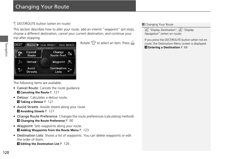 Changing your route 120, Changing your route, 2 changing your route p. 120 | Acura 2015 ILX - Navigation Manual User Manual | Page 121 / 258
