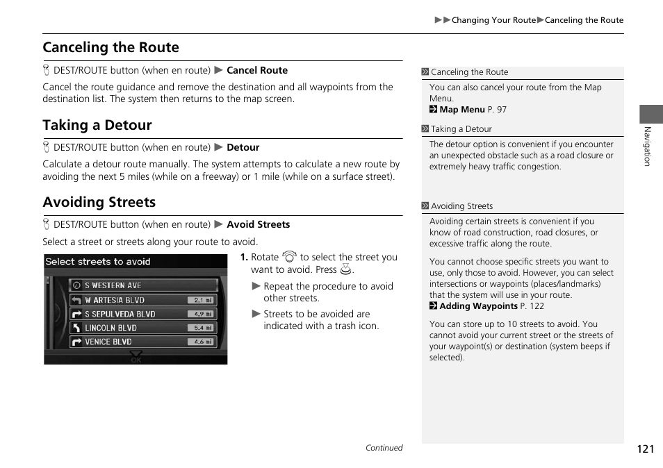 P121), 2 avoiding streets p. 121, 2 canceling the route | P. 121, 2 taking a detour, 2 avoiding streets, Canceling the route, Taking a detour, Avoiding streets | Acura 2015 ILX - Navigation Manual User Manual | Page 122 / 258