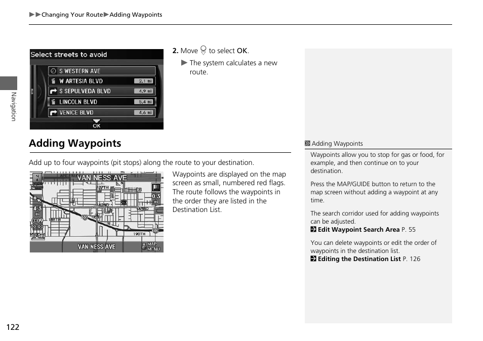 P122), Route, Adding waypoints | Acura 2015 ILX - Navigation Manual User Manual | Page 123 / 258