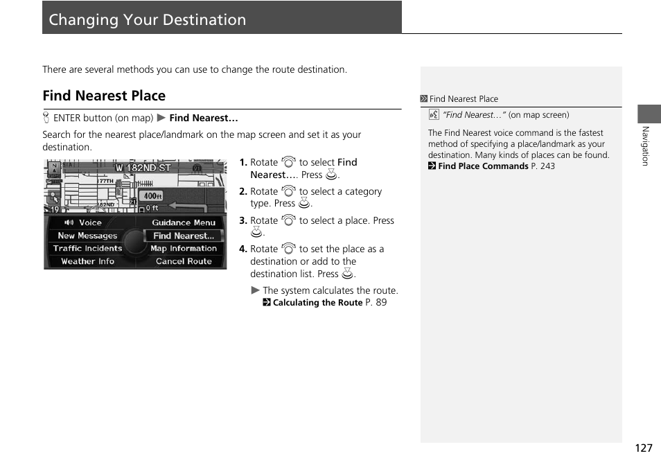 Changing your destination 127, P127), Changing your destination | Find nearest place, 2 changing your destination, P. 127 | Acura 2015 ILX - Navigation Manual User Manual | Page 128 / 258