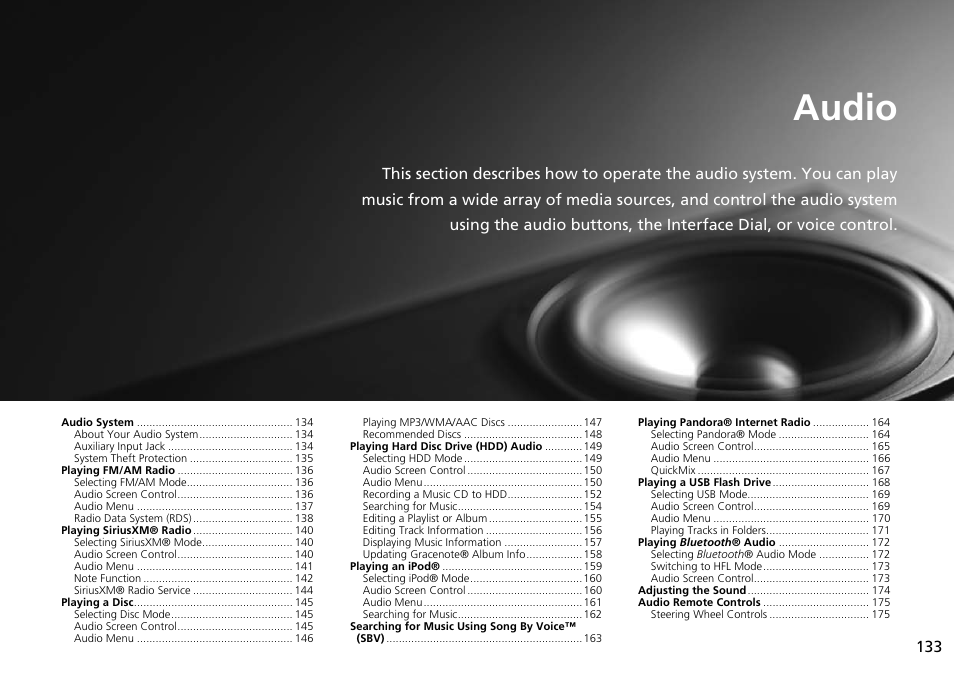 Audio, 2 audio p. 133, P.133 | Acura 2015 ILX - Navigation Manual User Manual | Page 134 / 258