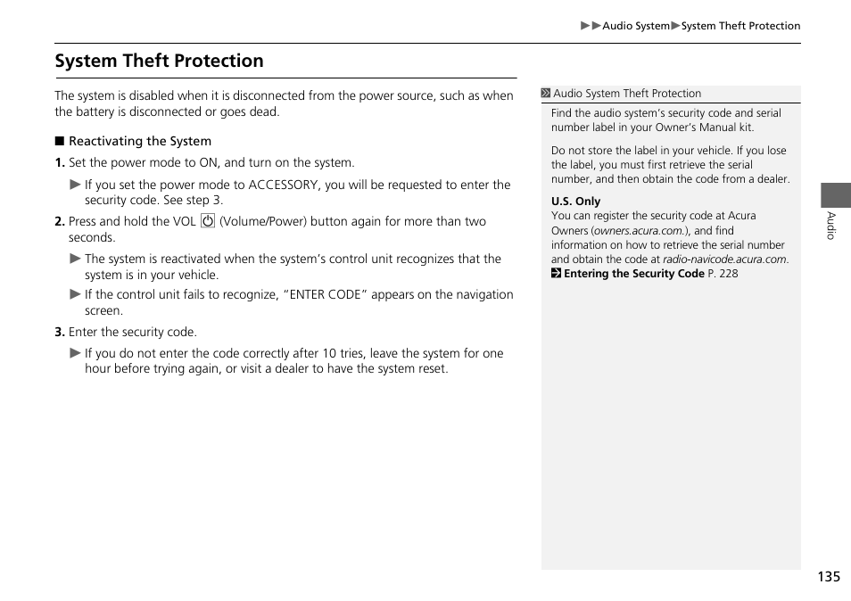 System theft protection | Acura 2015 ILX - Navigation Manual User Manual | Page 136 / 258
