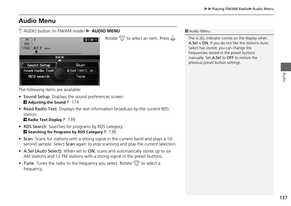 Audio menu, 2 audio menu, P. 137 | Acura 2015 ILX - Navigation Manual User Manual | Page 138 / 258