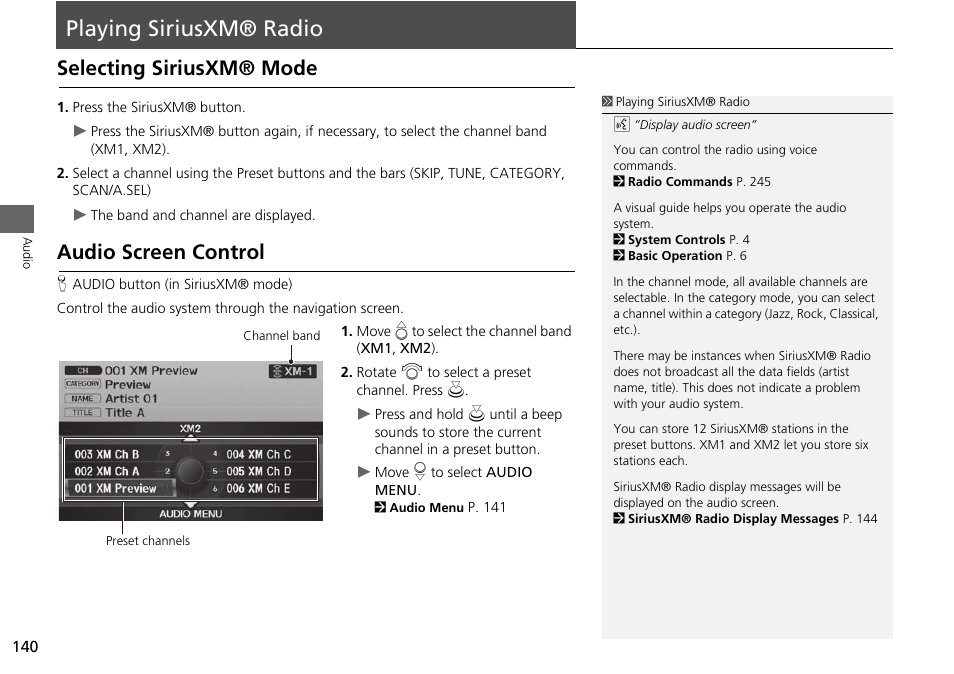 Playing siriusxm® radio 140, P140), Playing siriusxm® radio | Selecting siriusxm® mode audio screen control, Selecting siriusxm® mode, Audio screen control | Acura 2015 ILX - Navigation Manual User Manual | Page 141 / 258