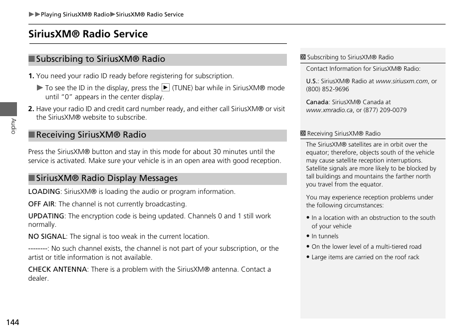 2 subscribing to siriusxm® radio p. 144, Siriusxm® radio service, 2 siriusxm® radio service p. 144 | 2 siriusxm® radio display messages p. 144 | Acura 2015 ILX - Navigation Manual User Manual | Page 145 / 258