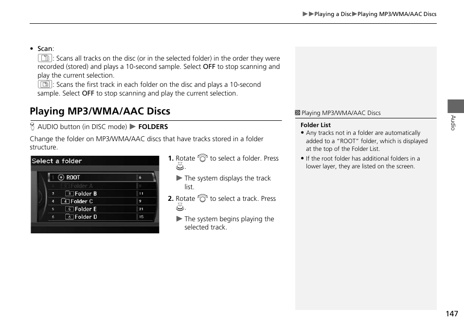Playing mp3/wma/aac discs, 2 playing mp3/wma/aac discs, P. 147 | Acura 2015 ILX - Navigation Manual User Manual | Page 148 / 258