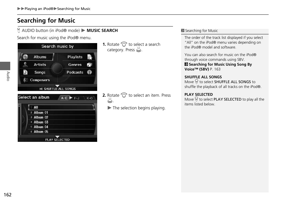 Searching for music, 2 searching for music, P. 162 | Acura 2015 ILX - Navigation Manual User Manual | Page 163 / 258