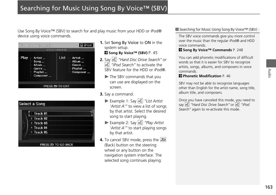 Searching for music using song by voice™ (sbv) 163, Searching for music using song by voice, Sbv) | Searching for music using song by voice™ (sbv) | Acura 2015 ILX - Navigation Manual User Manual | Page 164 / 258