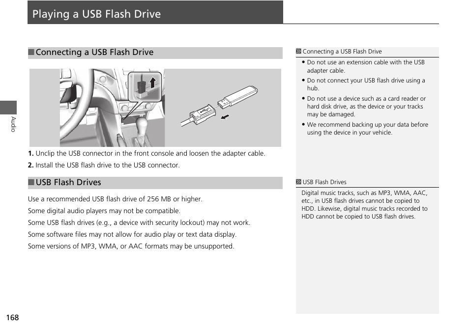 Playing a usb flash drive 168, P168), Playing a usb flash drive | Acura 2015 ILX - Navigation Manual User Manual | Page 169 / 258