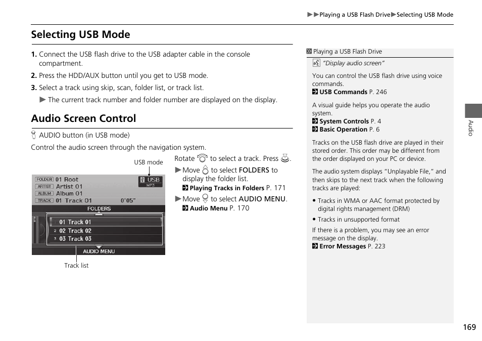 Selecting usb mode audio screen control, Selecting usb mode, Audio screen control | Acura 2015 ILX - Navigation Manual User Manual | Page 170 / 258