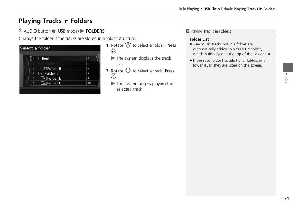 Playing tracks in folders, 2 playing tracks in folders, P. 171 | Acura 2015 ILX - Navigation Manual User Manual | Page 172 / 258