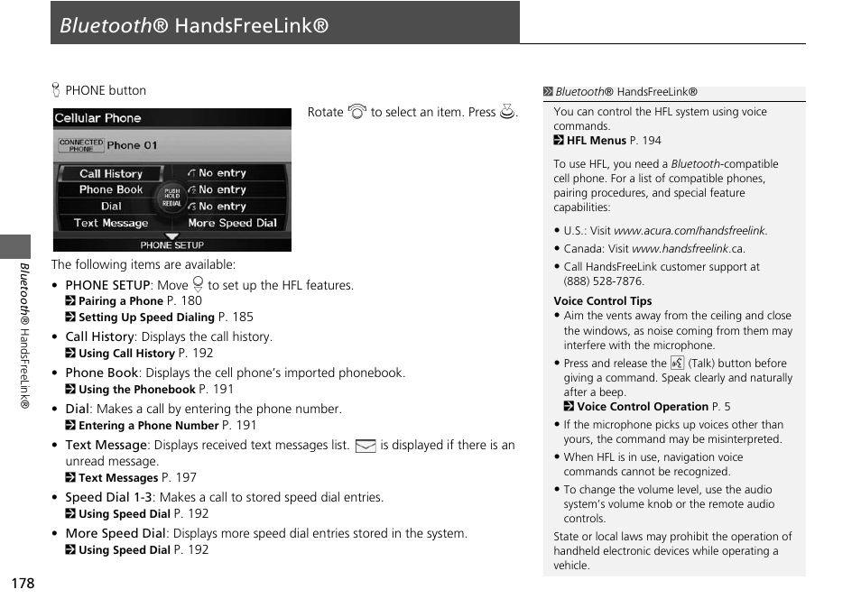Bluetooth ® handsfreelink® 178, P178), 2 bluetooth ® handsfreelink® p. 178 | 2 bluetooth ® handsfreelink, P. 178, Bluetooth ® handsfreelink | Acura 2015 ILX - Navigation Manual User Manual | Page 179 / 258