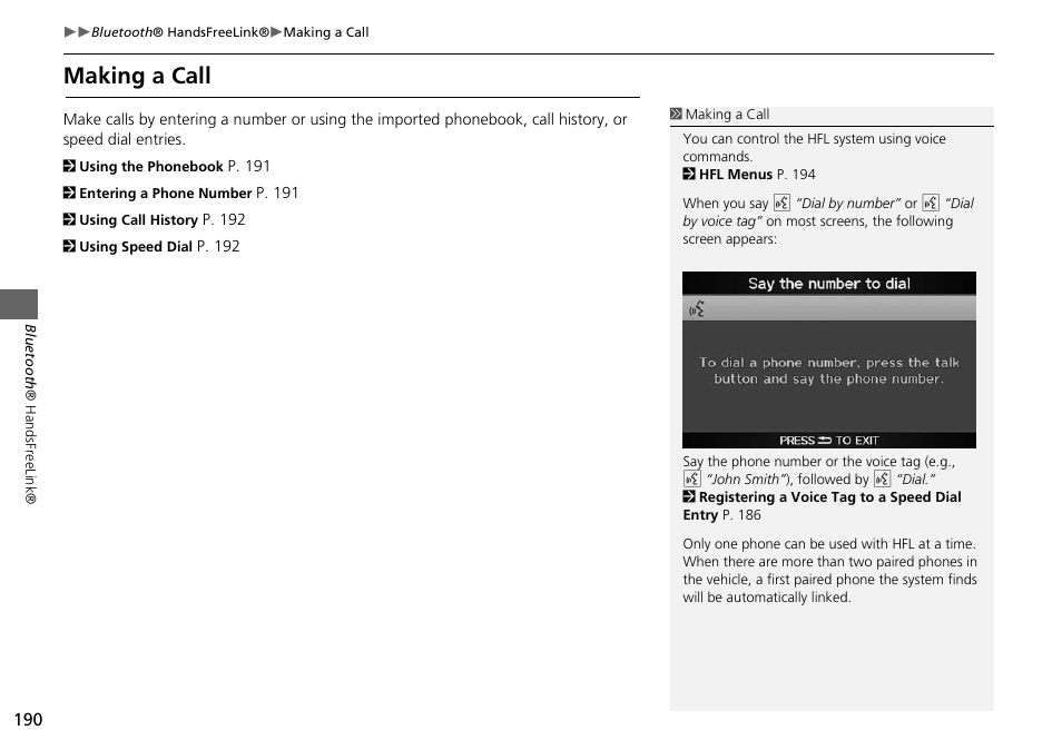 Making a call 190, Making a call | Acura 2015 ILX - Navigation Manual User Manual | Page 191 / 258