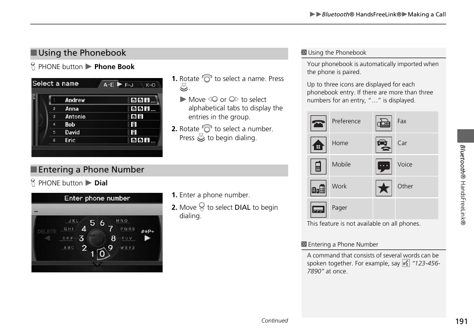 2 using the phonebook, P. 191, 2 entering a phone number | Using the phonebook, Entering a phone number | Acura 2015 ILX - Navigation Manual User Manual | Page 192 / 258