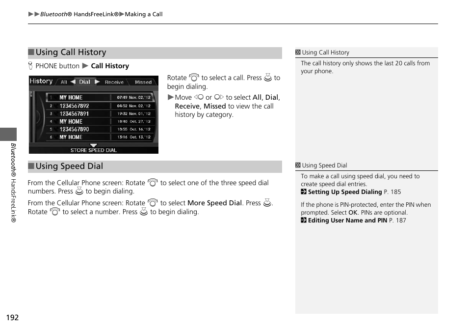 2 using call history, P. 192, 2 using speed dial | Using call history, Using speed dial | Acura 2015 ILX - Navigation Manual User Manual | Page 193 / 258