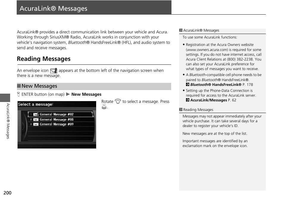 Acuralink® messages 200, Reading messages 200, P200) | 2 acuralink® messages p. 200, 2 acuralink® messages, P. 200, Acuralink® messages, Reading messages | Acura 2015 ILX - Navigation Manual User Manual | Page 201 / 258