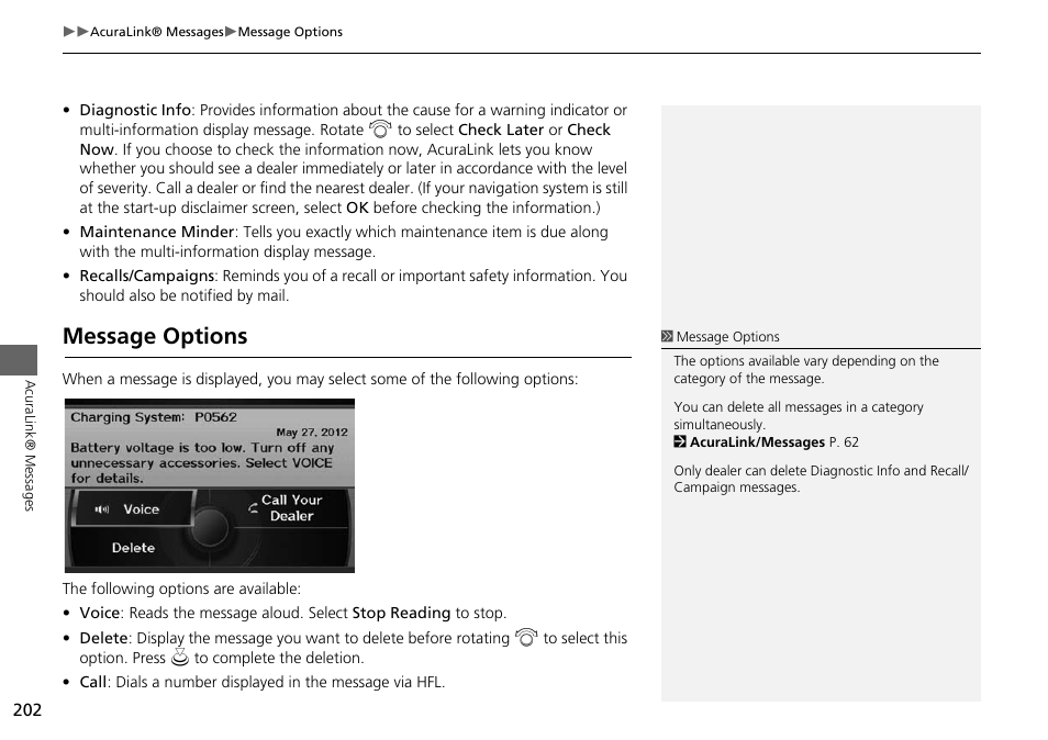 Message options 202, Message options | Acura 2015 ILX - Navigation Manual User Manual | Page 203 / 258
