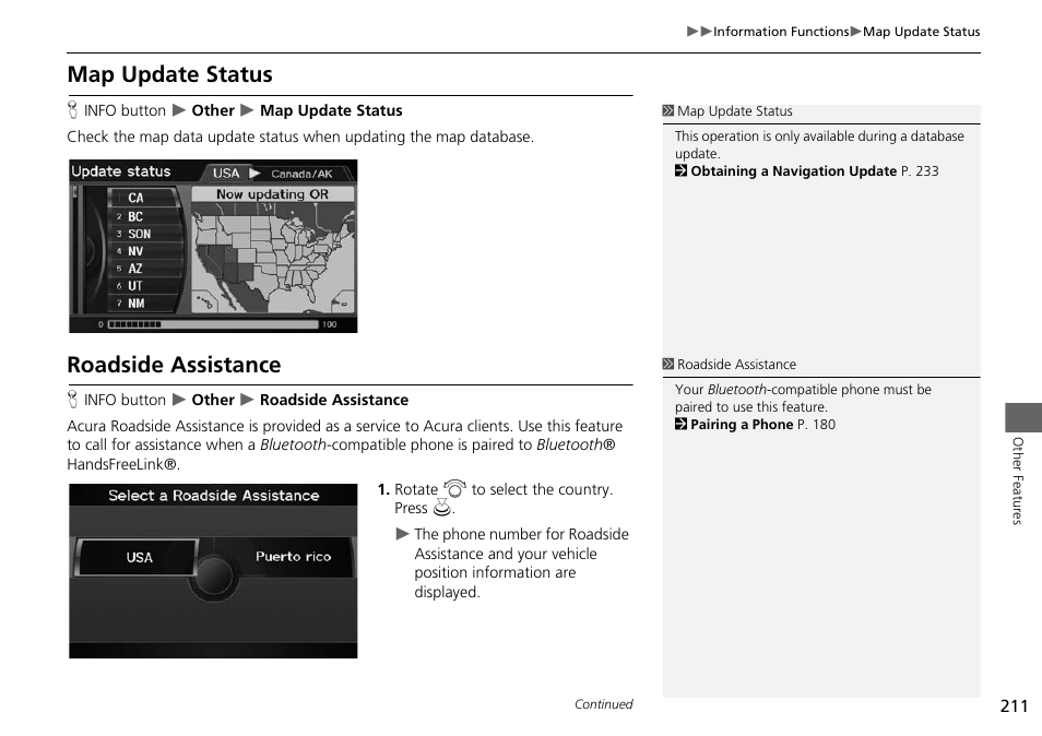 Map update status roadside assistance, Map update status, Roadside assistance | Acura 2015 ILX - Navigation Manual User Manual | Page 212 / 258