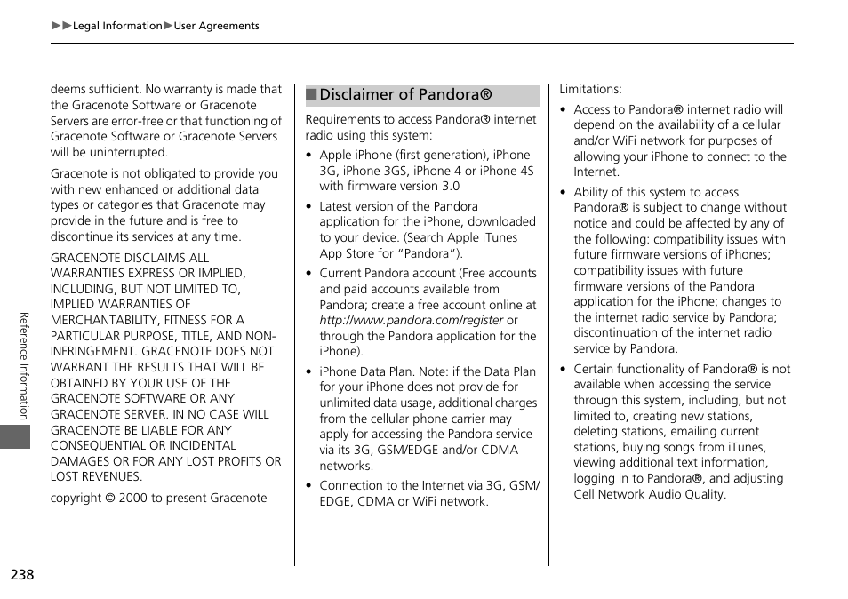 Disclaimer of pandora | Acura 2015 ILX - Navigation Manual User Manual | Page 239 / 258