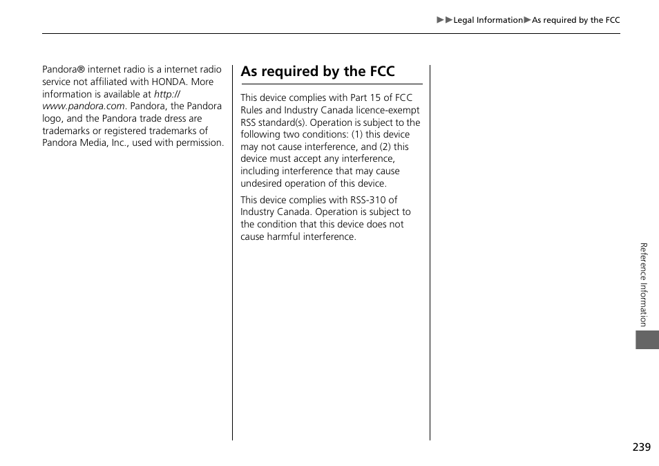 As required by the fcc | Acura 2015 ILX - Navigation Manual User Manual | Page 240 / 258