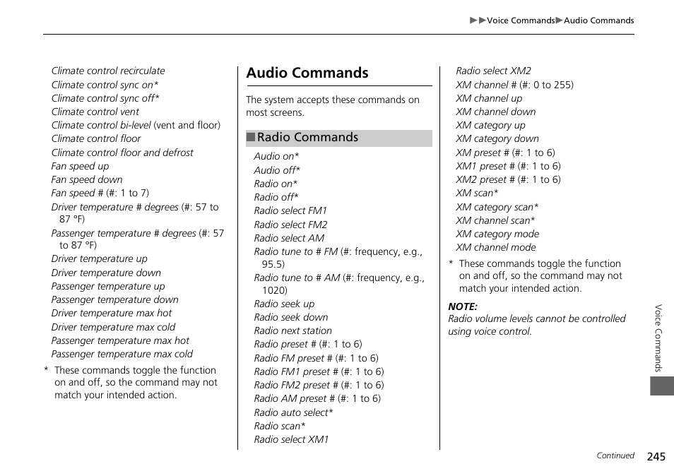 2 audio commands p. 245, 2 radio commands p. 245, Audio commands | Acura 2015 ILX - Navigation Manual User Manual | Page 246 / 258