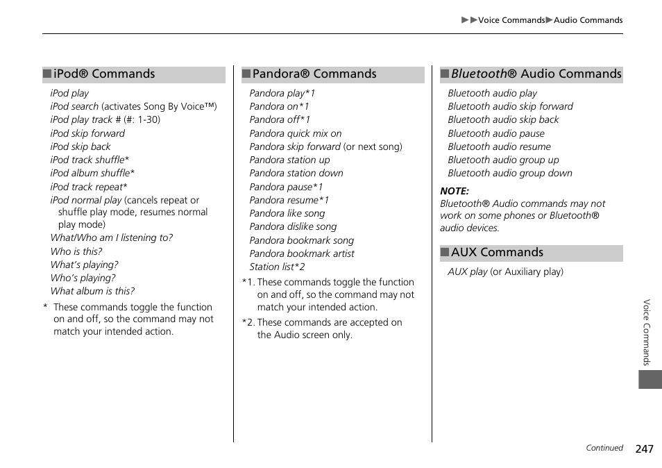 2 ipod® commands p. 247, 2 pandora® commands p. 247, 2 bluetooth ® audio commands p. 247 | Acura 2015 ILX - Navigation Manual User Manual | Page 248 / 258