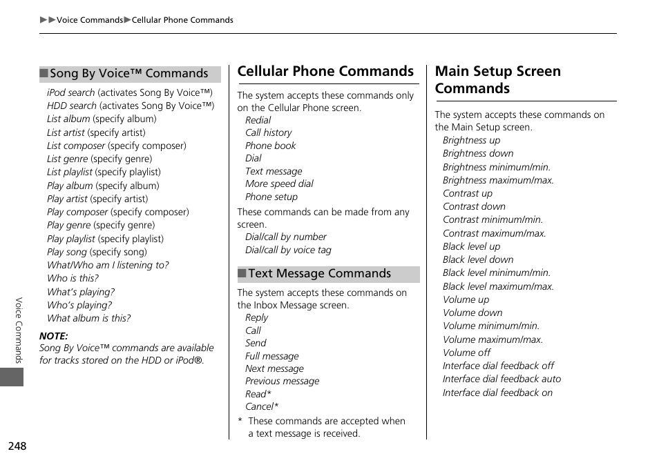 2 song by voice™ commands p. 248, 2 text message commands p. 248, Cellular phone commands main setup screen commands | Cellular phone commands, Main setup screen commands | Acura 2015 ILX - Navigation Manual User Manual | Page 249 / 258