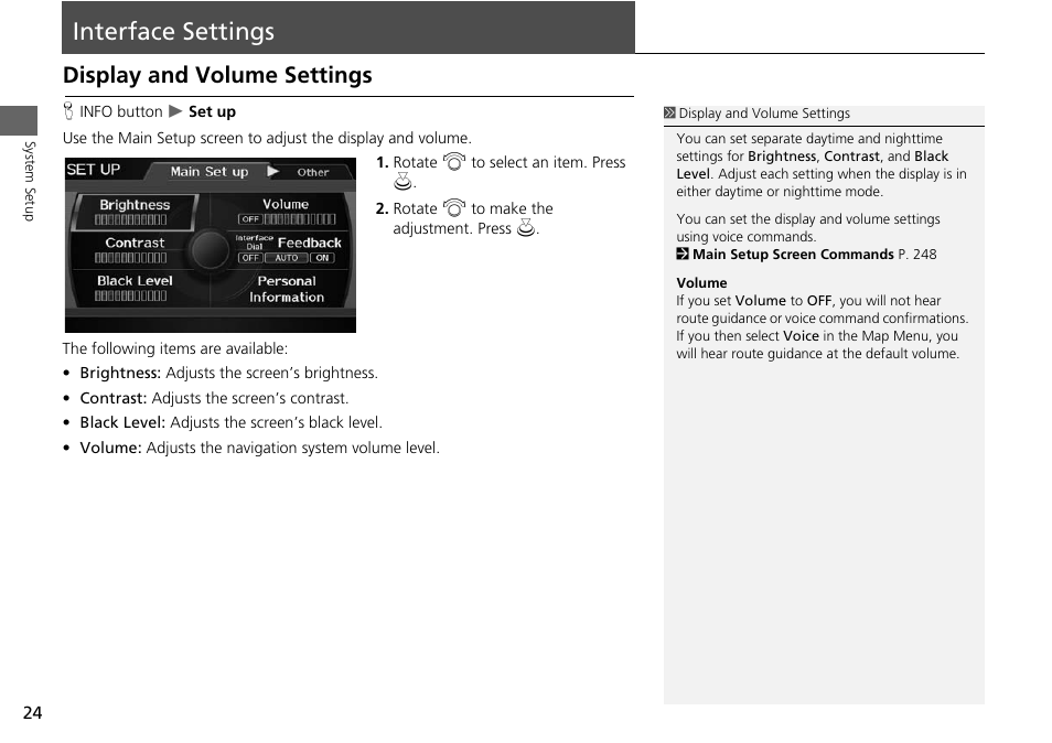 Interface settings 24, Interface settings, Display and volume settings | Acura 2015 ILX - Navigation Manual User Manual | Page 25 / 258